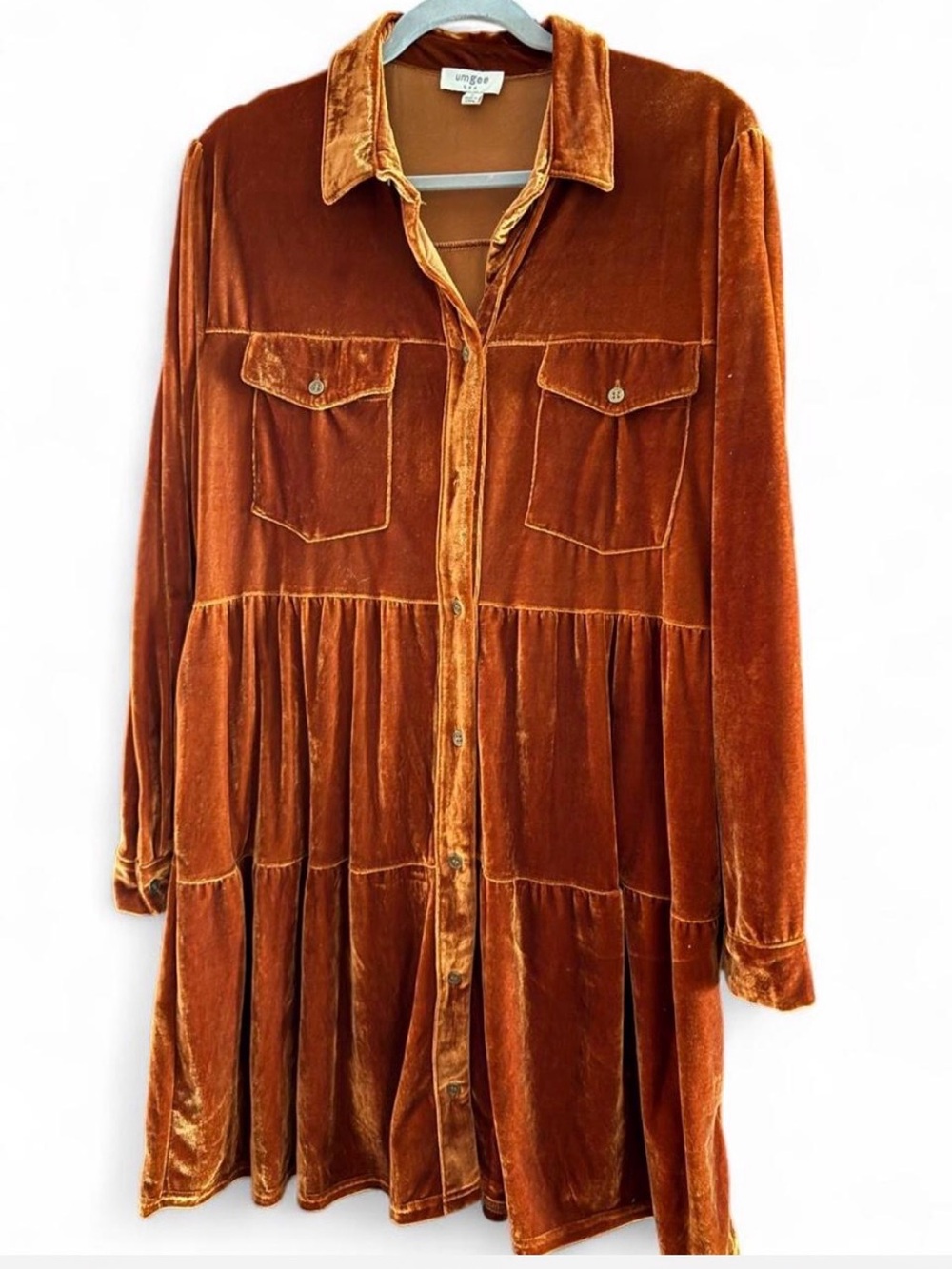 Umgee Rust Velvet Tiered Button Front Boho Whimsigoth Western Shirt Dress